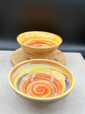 Vintage Handmade Wheel Thrown Orange Swirl Studio Pottery Bowls Artist Signed